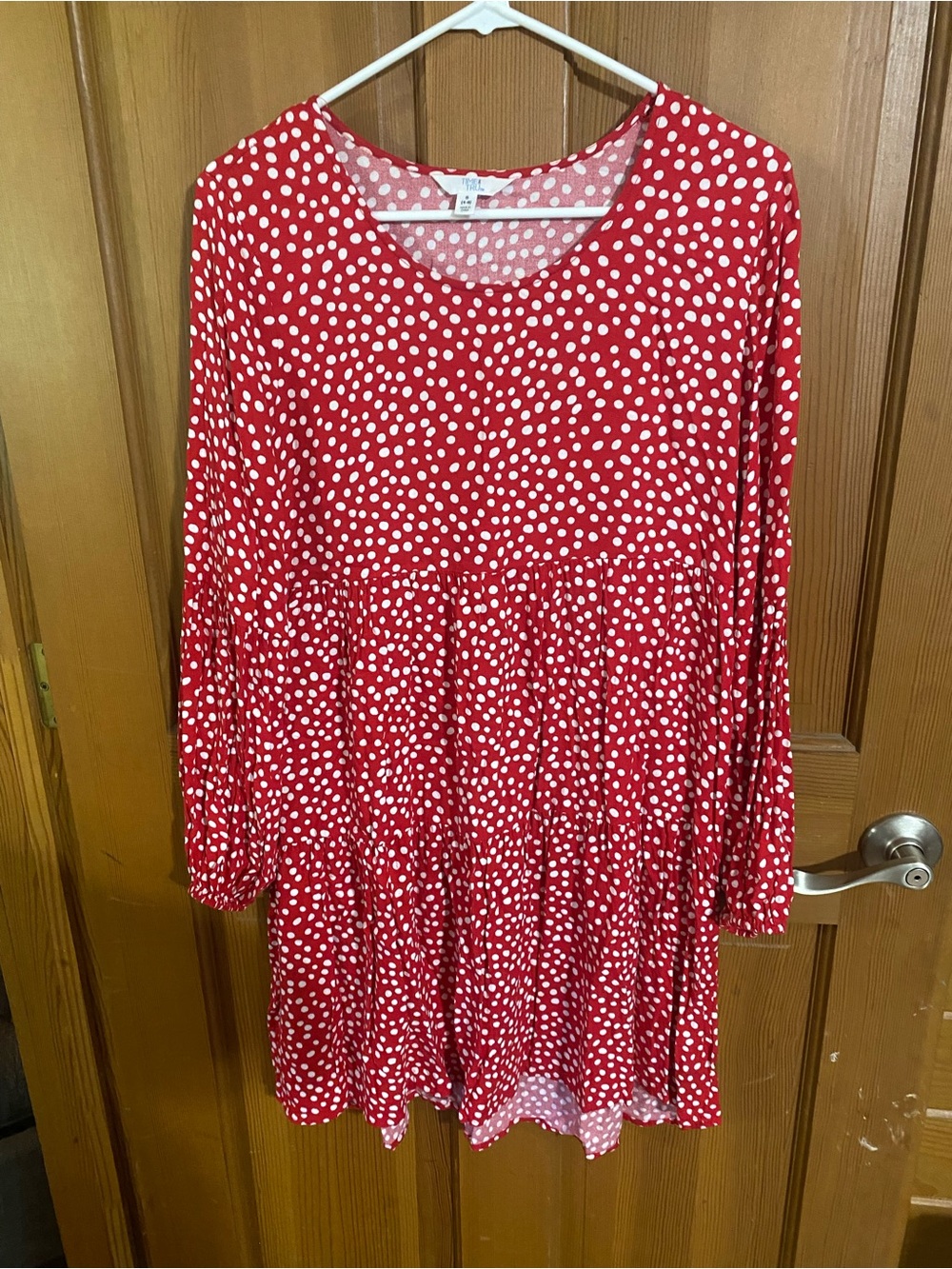 Time and Tru Red and White Polka Dot Long-Sleeve Swing Dress